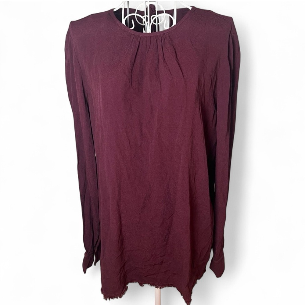Raquel Allegra Women's 0 Burgundy Long Sleeve Blouse High Gathered Neck Fray Hem
